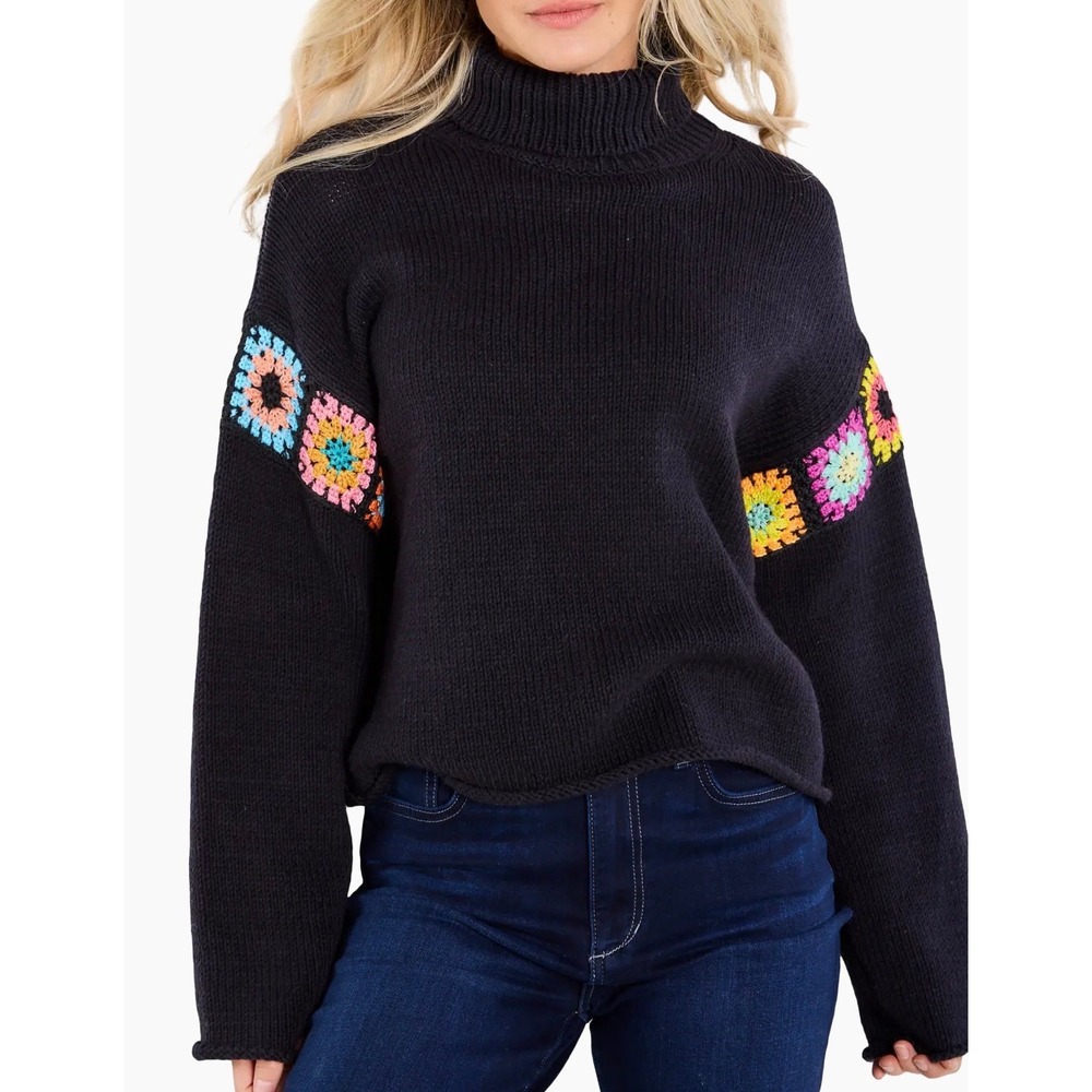 Lisa Todd In The Loop Black Crochet Sleeve Turtleneck Sweater Size L